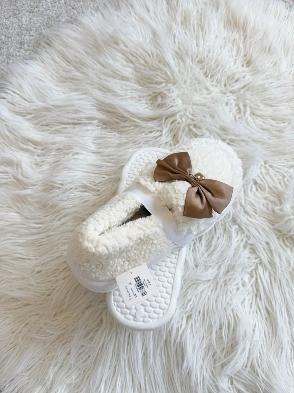 Cozy Cream Sherpa Slippers with Brown Bow
